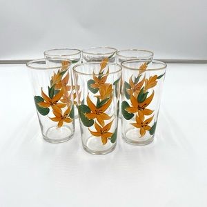 6 Vintage Tumblers Hand Painted Flowers Guild Rim.  Gold Is Worn Off The Rim.